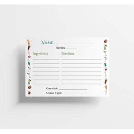 Cocktail Recipe Cards, 4x6 Inches, 50 Fill-in-the-Blank Cards for Recipe Box (Watercolor Border)