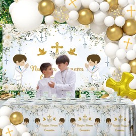 MEHOFOND 263Pcs Nuestra Primera Comunión Baptism Party Decorations Supplies God Bless Christening Disposable Tableware Set Includes Paper Plates, Cups, Tablecloth, and Backdrop for Boys Serves 24