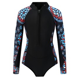 Girls Long Sleeve Rashguard Swimsuit: One Piece UV UPF 50+Swimwear Bathing Suit with Sun Protection Blue Floral Print 9 10 11 Years
