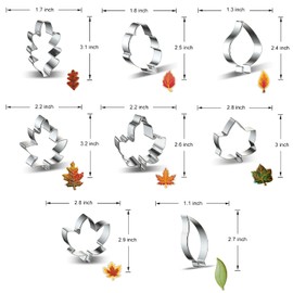 Fall Leaves 8-Piece Leaf Cookie Cutter Set - Maple Leaf, Oak Leaf, Teardrop Leaf Cookie Cutters Shapes Biscuit Fondant Molds for Fall Autumn Thanksgiving Christmas Birthday Wedding Party Decorations