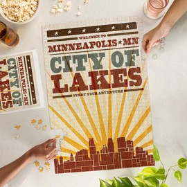 Lantern Press Minneapolis, Minnesota, Skyline and Sunburst Screenprint Style 1000 Piece Jigsaw Puzzle for Adults, Made in USA with Reference Poster