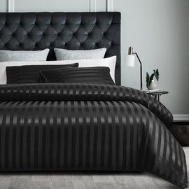 Satin Duvet Cover Sets with Elegant Beautiful Striped Pattern, Italian Style Luxury Silky Soft Black Satin Bedding Set Moisture-wicking 3 Piece Double Size Satin Duvet Cover Sheets for All Seasons