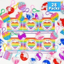 Kiddokids 28 Packs Valentines Day Gift Cards with Pop Keychains Fidget for Kids School Classroom, Pop Bubble Stress Relief Valentine’s Class Exchange Greeting Cards, Valentine Party Favors