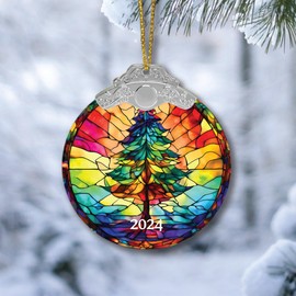 Christmas Ornaments 2024, Christmas Tree Decor, Stained Glass Style for Tree Decor 2024, Christmas Tree Forest Ornaments Round Acrylic. (Christmas Tree)