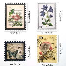 100 Pcs Vintage Postage Stamp Stickers, Adhesive Retro Art Crafts for Scrapbooking, DIY Aesthetic Decor Paper Floral Decals for Bullet Journaling Collage Album