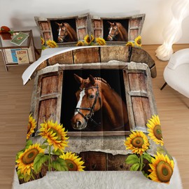 HOSIMA Farm Horse Comforter Set with 2 Pillowcases,Brown Wood Grain Print Queen Comforter Set for Adults Teens Boys Girls Sunflower Animal Bedding Country Farmhouse Room Decor Aesthetic.