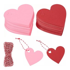 200 Pcs Heart Blank Gift Tags, Brown Kraft Paper Lables, Pink Paper Hang Tags with 20 Metres of Red String DIY Favor Tags for Wedding Party Favors Birthday Parties Valentine's Day