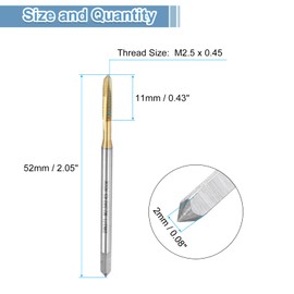 sourcing map Spiral Point Plug Threading Tap M2.5 x 0.45 Thread, Ground Threads H2, M35 High Speed Steel Cobalt, Titanium Nitride Coating, Metric Screw Taps Tapping Bit for Thread