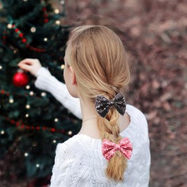 4Pcs Sparkling Sequin Hair Bows Clips - Nylon Mesh Bow-knot Bling Bling Glitter Alligator Hairpin Barrettes for Girls Kids Teens Women (Black/Pink)