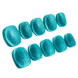 Sun&Beam Nails Handmade Nail Tip, Short, Round, False Nails, Plain, Blue, Green, Light Blue, Cat Eye, Magnet, Popular, Stylish, Cute, False Nails, Pack of 10 (#93 XS)
