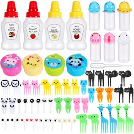 50 Pcs Kids Bento Box Accessories Including Food Picks Mini Condiment Bottles Ketchup Squeeze Bottles, Mini Soy Sauce Container with Funnel for Kids School Bento Camping Office Accessories (Animal)