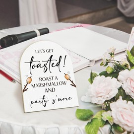 ANIANG Summer Wedding Desk Decor, S'mores Station Signs, Smore Bar Wood Arch Sign, Let's Get Toasted Roast a Marshmallow Wooden Sign with Stand for Outdoor Party Rustic Wedding, 8x10 Inch