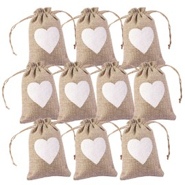 Valentines Day Gift Bags, 10pcs Linen Heart Drawstring Bags 14 x 10 cm Natural Jute Burlap Gift Pouch Vintage Party Bag (White Heart)