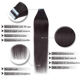Tape In Real Human hair Extension Glue In Skin Weft Hair Extensions Rooted Tape in Remy Hair Seamless Invisible Double Sided Tape Human Hair Extensions For Women 16 inch 30g 20pcs #1B Natural Black