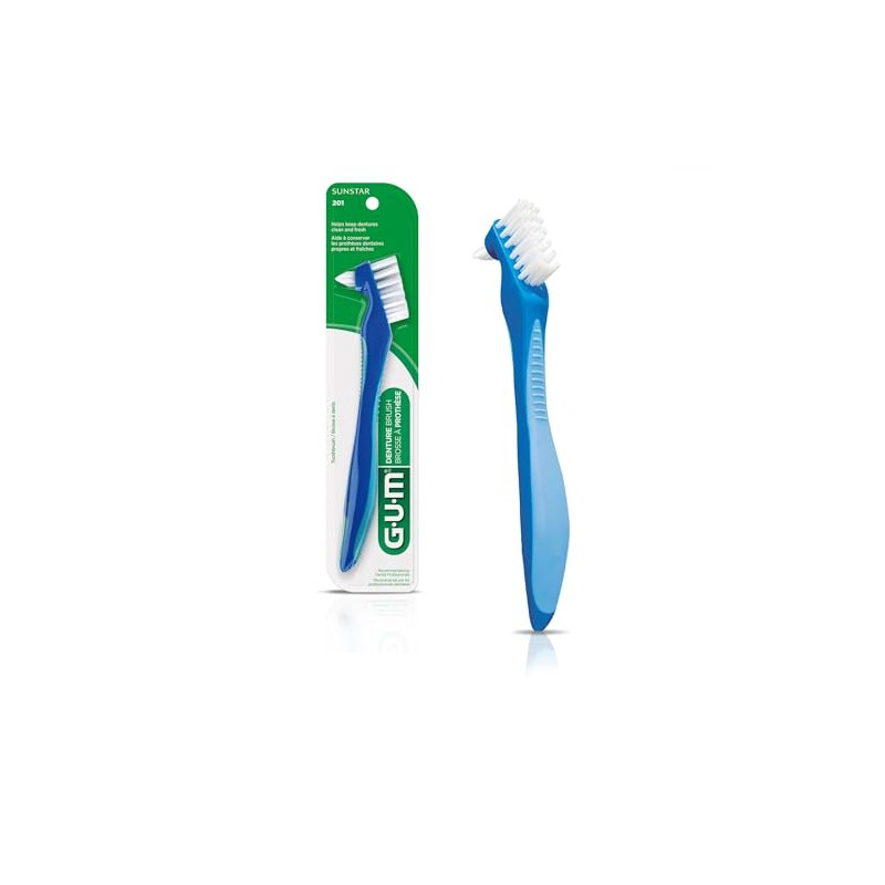 GUM Denture Brush - Dual Headed Hard Bristle Toothbrush for