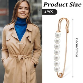 Ymapinc 4Pcs Gold Pearl Brooch Pins for Women, Large Safety Pins Decor for Clothing Hijab Sweater Shirt Skirts Dresses Pants Sleeves Hats Collars Scarves Bags, Fashion Wedding