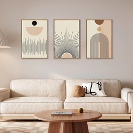 LHIUEM Large Abstract Boho Line Framed Canvas Wall Art Set,Modern Geometric Sun Wall Decor,Mid-Century Neutral Artwork for Living Room,Bedroom,Dining Room,Office -16"x24"x3