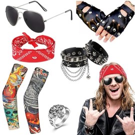 Hifot Pack of 8 Punk Gothic Rocker Costume Accessories 70s 80s 90s Fake Temporary Tattoo Sleeves Retro Black Punk Gloves Sunglasses