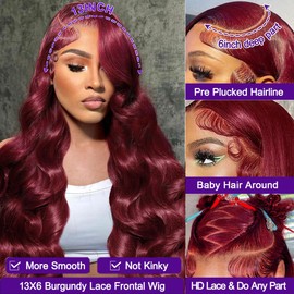 HaEver 28 Inch 99J Burgundy Lace Front Wigs Human Hair Pre Plucked 200% Density Body Wave Lace Front Wigs Human Hair Red Wig HD Transparent Full Frontal 13x6 Glueless Colored Natural Wig For Woman