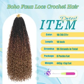 Boho Faux Locs Crochet Hair 18 Inch 8 Packs Boho Goddess Locs Crochet Hair With Curly Ends For Women. (1B/30/27#）