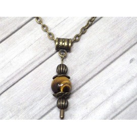 Vintage Style Woman Brown Tiger Eye Pendant Necklace Mounted on Antique Bronze Chain