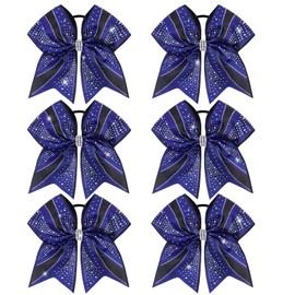 CN 6PCS Glitter Cheer Bows for Cheerleaders, Blue Sparkly Large Hair Bows for Girls Cheerleading with Elastic Hair Ties，Cheer Hair Accessories for Softball Competition School Spirit