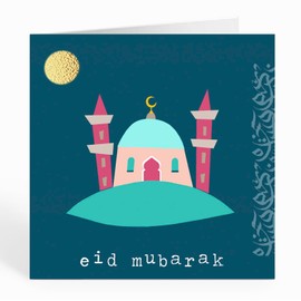 Islamic Moments Eid Mubarak Greeting Card In Navy Mosque Masjid & Minarets With Arabic Calligraphy