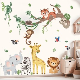 wondever Jungle Animals Tree Branch Wall Stickers Elephant Lion Giraffe Tropical Leaves Peel and Stick Wall Art Decals for Kids Room Baby Nursery Bedroom