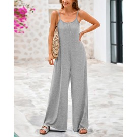 dowerme Women's Summer One Piece Jumpsuits 2025 Casual Spaghetti Strap Loose Wide Leg Long Pant Rompers With Pockets(Grey,Large)