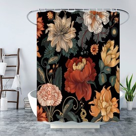 KDYDK Black Boho Floral Shower Curtain Retro Watercolor Rose Peony Abstract Mid Century Modern Vintage Tropical Leaves Botanical Aesthetic Decor Bathroom Curtain Set with Hook