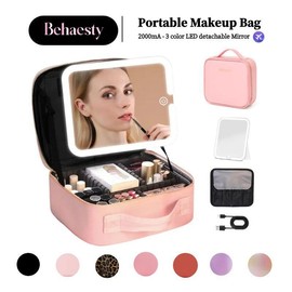 Behaesty Portable Makeup Bag with 3-Color LED Detachable Mirror 2000mAh USB Rechargeable Waterproof PU Leather Organizer Compact Travel Cosmetic Pouch:_Laser Violet