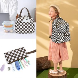 Dezcrab Girls School Backpack Set - Teens Kids School Bag Bookbag with Lunch Box Pencil Case for Elementary Middle School (Checkered Brown)