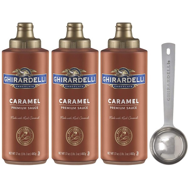 Ghirardelli Caramel Sauce Squeeze Bottle, 17 Ounce (Pack 3) with Ghirardelli Stamped Barista Spoon