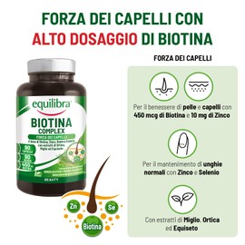 Equilibra Biotina Altodosata 450 mcg, per Capelli e Unghie, con Zinco, Rame, Selenio, Estratti di Ortica, Miglio, Equiseto, Vegan, Senza Glutine, Privo di Lattosio, 90 Capsule