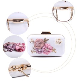 EVEOUT Flower Pearl Beads Wedding Handbag for Brides Ladies Leather Evening Clutch Prom Party Bag for Women Small Shoulder Bag Purses for Girls, White (with metal handle, cotton lining), One Size