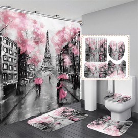 Chrainy 4Pcs Paris Eiffel Tower Pink Shower Curtain Sets Bathroom Set Decor with Non-Slip Rugs Bath U-Shaped Mat Toilet Lid Cover Waterproof Valentine Bathroom Curtains Shower Set with 12 Hooks
