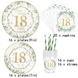 18th Birthday Party Supplies, Sage Green 9in 7in 18th Birthday Party Plates Napkins Cups Straws18th Birthday Party Tableware for 16 Guests 18th Birthday Party Decoration