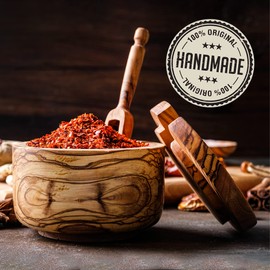 Crystalia Salt Cellar with Lid and Spoon, Handmade Salt and Pepper Bowls, Solid Natural Olive Wood Salt and Spice Box, Stylish Wooden Salt Container, Salt Holder for Countertop