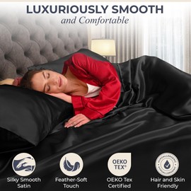 DECOLURE Satin Sheets Queen Size Set 4 Pcs - Silky & Luxuriously Soft Satin Bed Sheets w/ 15 inch Deep Pocket - Similar to Silk Sheets - Double Stitching - Wrinkle Free (Black)