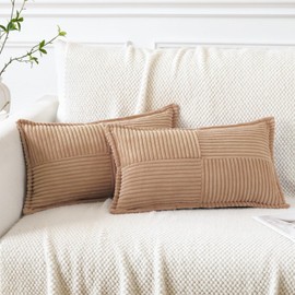 Artscope Corduroy Cushion Covers Pack of 2 Modern Patchwork Throw Pillow Covers Soft Pillowcase Broadside Decorative Textured Cushions for Home decor Sofa Bedroom Couch Light Brown 40x60cm