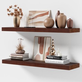 Marsmiles Floating Shelves for Wall | 36" W x 8" D Solid Ash Wood Floating Shelves Set of 2 | Rustic Dark Wood Wall Shelves with Upgraded Heavy Duty Brackets - Walnut