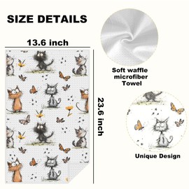 2 Pcs Cute Cat Kitchen Towels, Butterfly & Flower Absorbent Microfiber Dish Cloth Tea Towel, Waffle Soft Hand Towels for Farmhouse Home Bathroom Kitchen Decor, Cat Lover Gifts