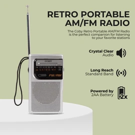 Coby Portable AM/FM Radio, Retro Pocket Radio for Indoor or Outdoor Use, Emergency-Preparedness Essential, 800-Hour Battery, Powerful Speakers, Integrated Antenna, Silver
