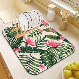 Tapete de secado de platos para encimera de cocina, 16 x 18 pulgadas, súper absorbente, almohadilla decorativa de microfibra para secado de platos, pequeño (hoja trópica)