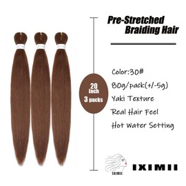 IXIMII Brown Braiding Hair Pre Stretched 20 inch 3 packs 30# Pre-Stretched Braids Hair Straight Crochet Braids Soft Yaki Texture Hot Water Setting Synthetic Hair Extensions