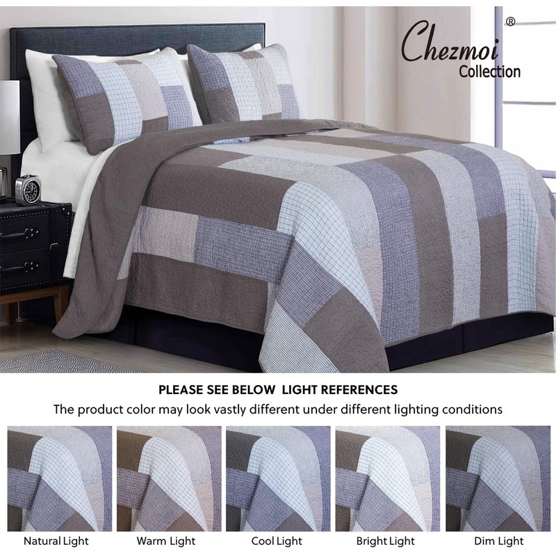 Chezmoi Collection Sora 3-Piece Plaid Checkered Grid Patchwork Stripe Quilt