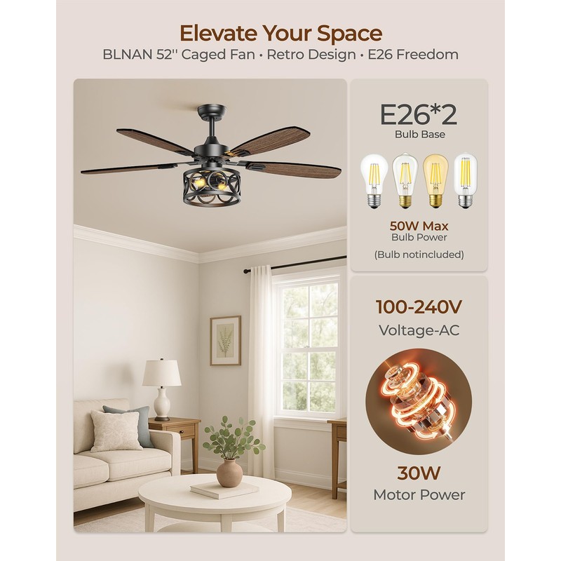 Ceiling Fans with Lights and Remote, 52'' Vintage Caged Ceiling