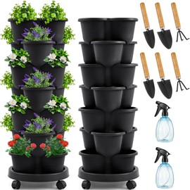 Umigy 2 Set of 7 Tier Vertical Planter Stackable Planters with Removable Wheels and Tools Tower Planters Strawberry Herb Flower Vegetable Planter Indoor Outdoor Gardening Pots (Black)