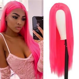 Salaibs Long Hot Pink Straight Wigs for Women Rose Red Pink Milddle Part Natural Wig for Cosplay Party