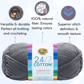 Lion Brand 24/7 Cotton Silver 761-149 (6-Skeins - Same Dye Lot) Worsted Medium #4 Cotton Yarn for Crocheting and Knitting with Project Bag